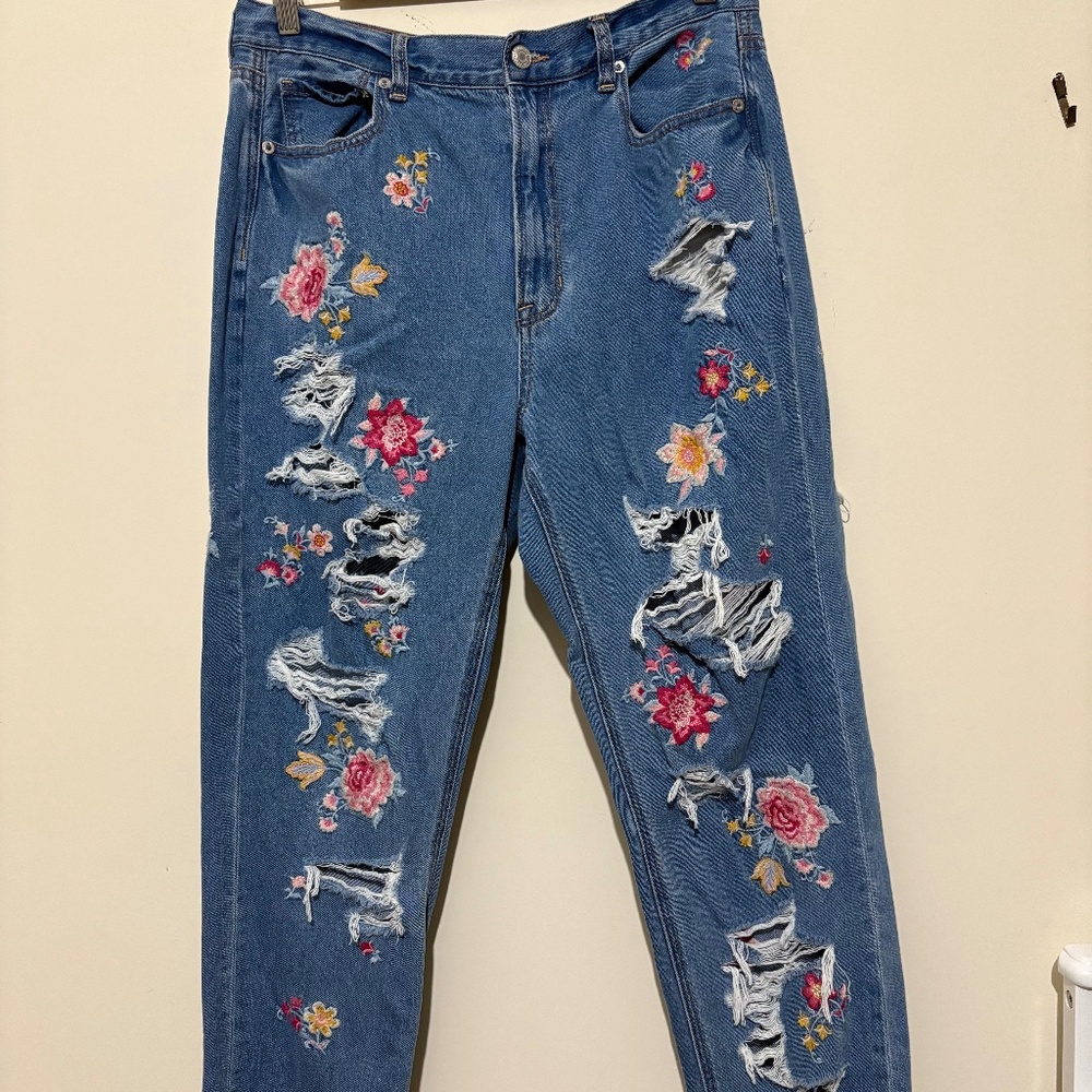 American Eagle Floral Denim with Rips
